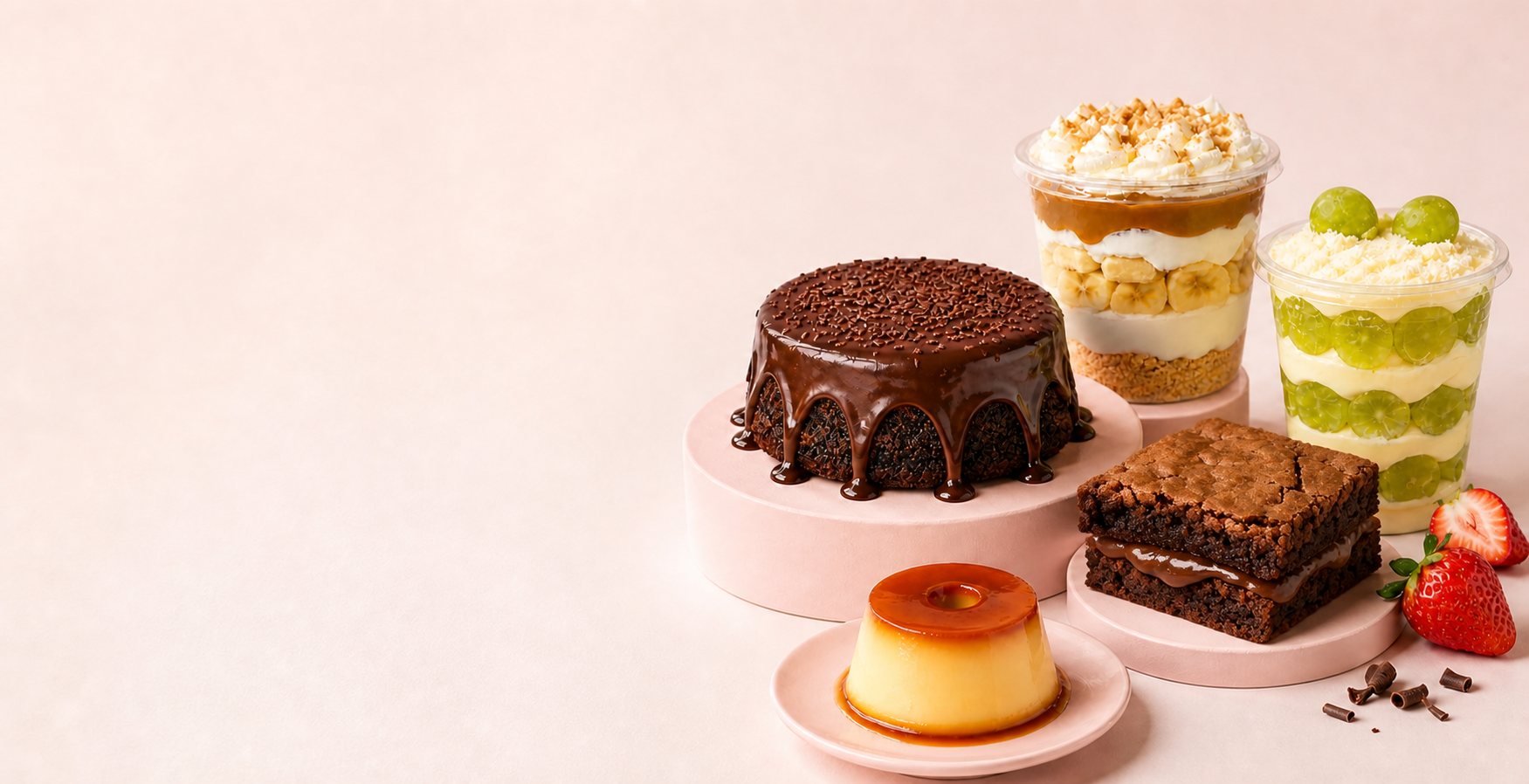 Seleção de mini bolo vulcão, copos da felicidade, brownie e pudim da Cuca Cake